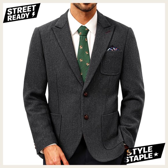 Men's Wool Blend Sport Coat Two Button Peak Lapel Vintage Blazer